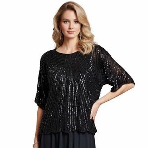 Frank Usher Vintage 1980 100% Silk Sequin Beaded Top Evening Crew Lined Black L